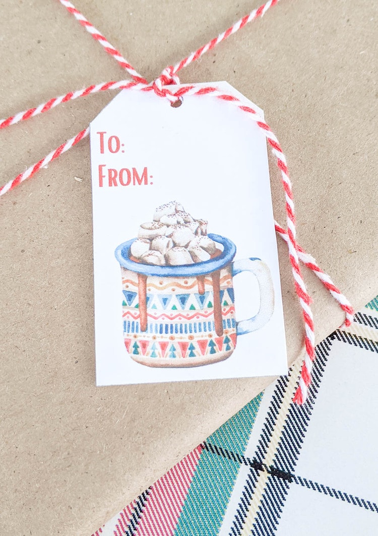 Gift wrapped with brown paper and red and white bakers twine with a gift tag with a colorful mug of hot cocoa piled high with marshmallows.
