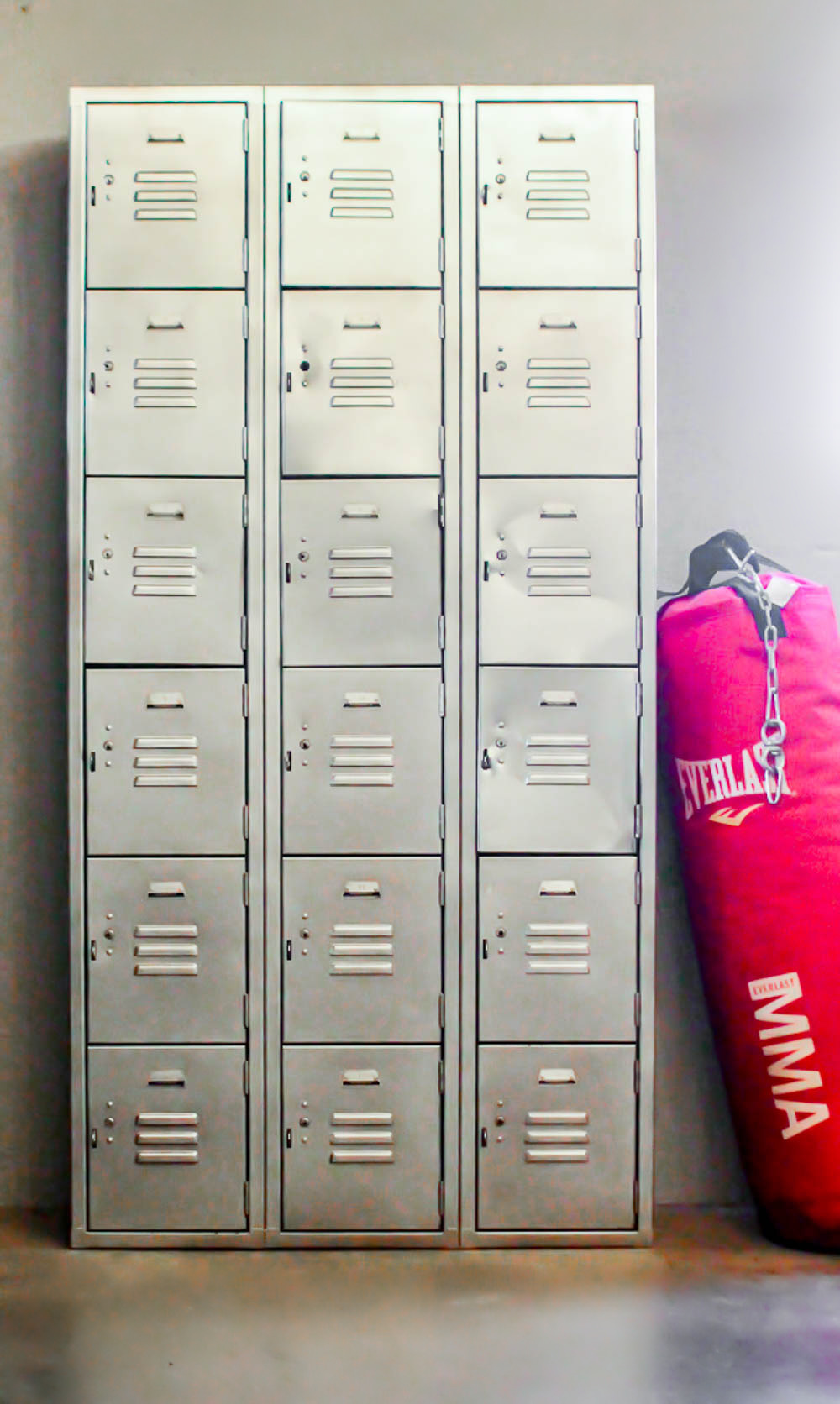 metal lockers painted with silver spray paint.