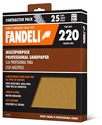 Fandeli 36027 220 Grit Multipurpose Sandpaper Sheets, 9" x 11", 25-Sheet