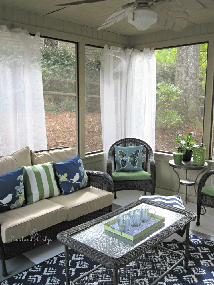 porch makeover with blue and white decor