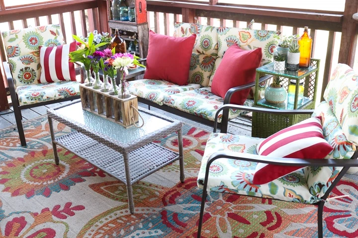 bold red and white country screened in porch.