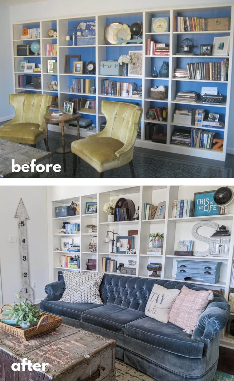 before and after of library with wall of built in bookshelves.