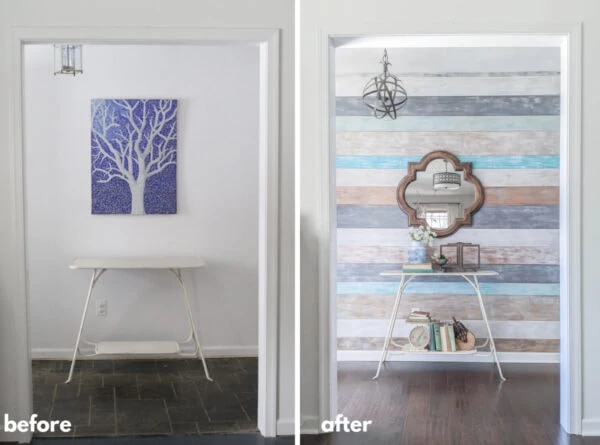 before and after photo of entry with wood accent wall
