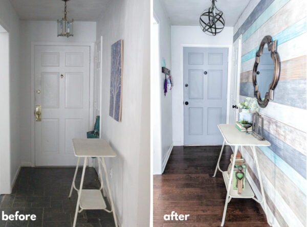 before and after of entryway with weathered wood wall.