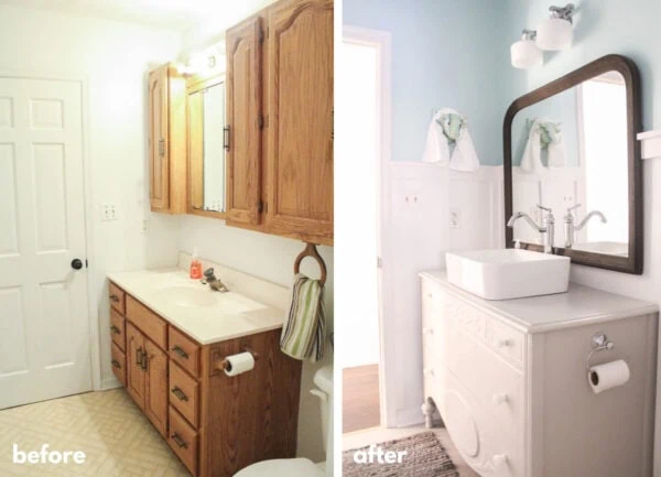 before and after of oak bathroom vanity to vintage dresser vanity.