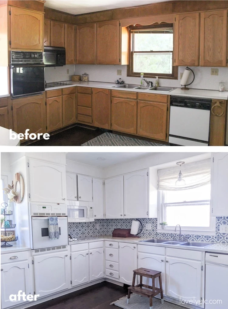 Oak kitchen cabinets before and after painting them white.