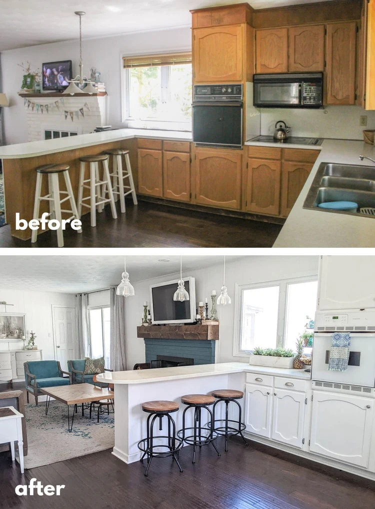 before and after kitchen and family room.