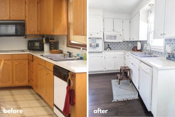 kitchen before and after painting cabinets, countertops, and backsplash.