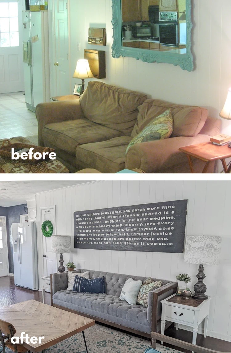 before and after of couch in family room.