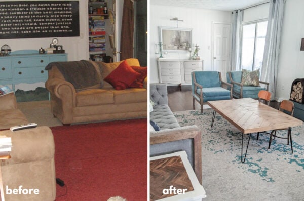 before and after of family room.