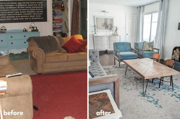 before and after of family room.