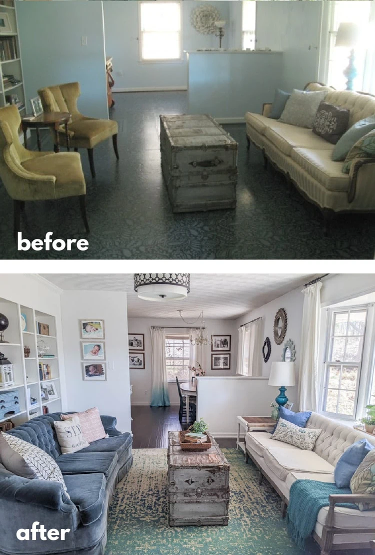 before and after of library and dining room.