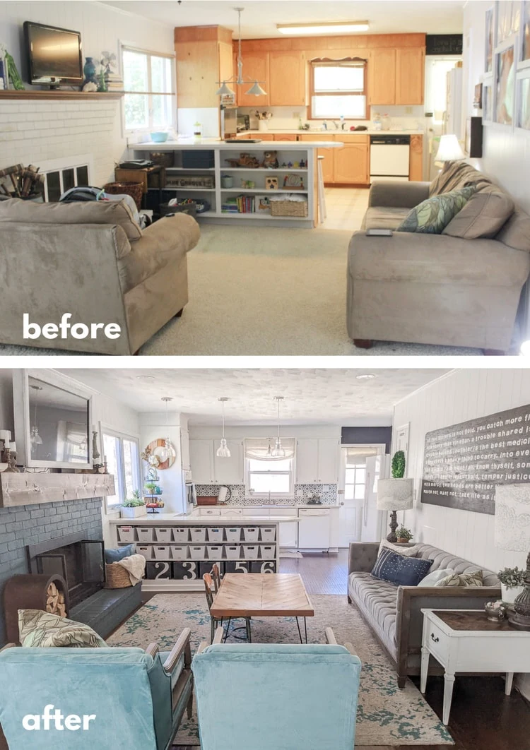 before and after of family room.