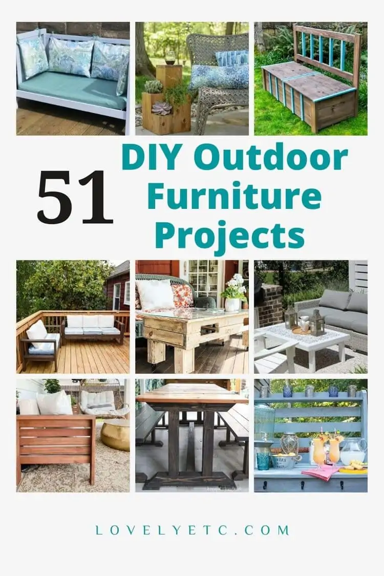 collage of 9 diy outdoor furniture projects pin with text overlay