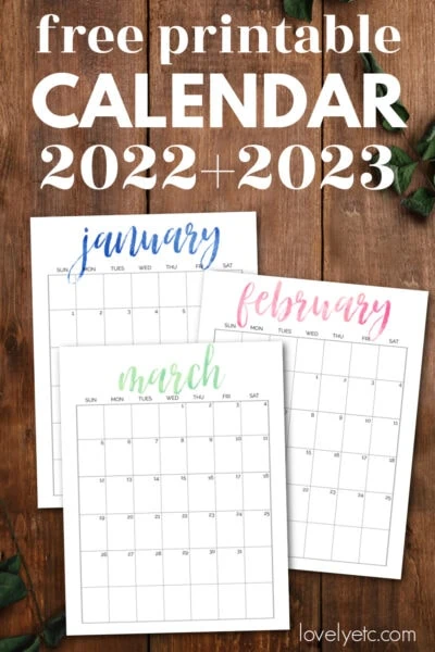 printable january, february, and march calendar pages against a wood background.