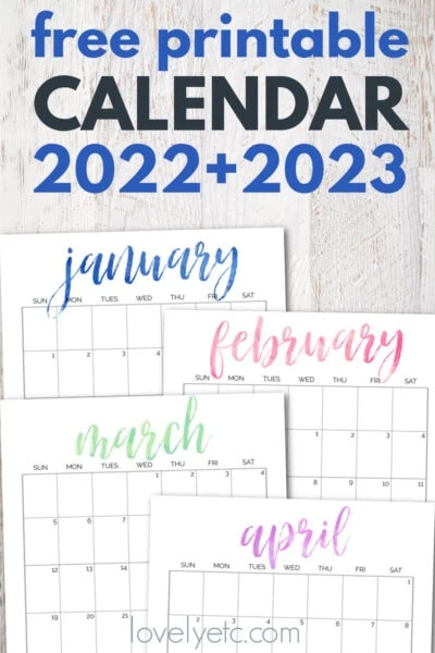 printable january, february, march, and april calendars with colorful script month names.