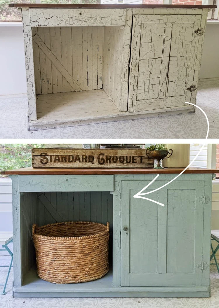 old cabinet with chipping paint before and after it was painted blue.