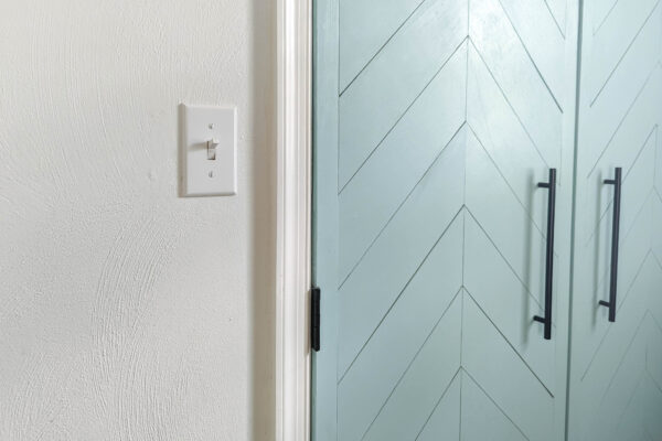 light switch painted white, next to blue wood plank doors.