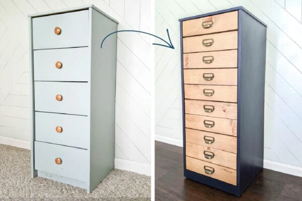 baby blue chest of drawers next to the same chest after it was painted navy with new wood front drawers.