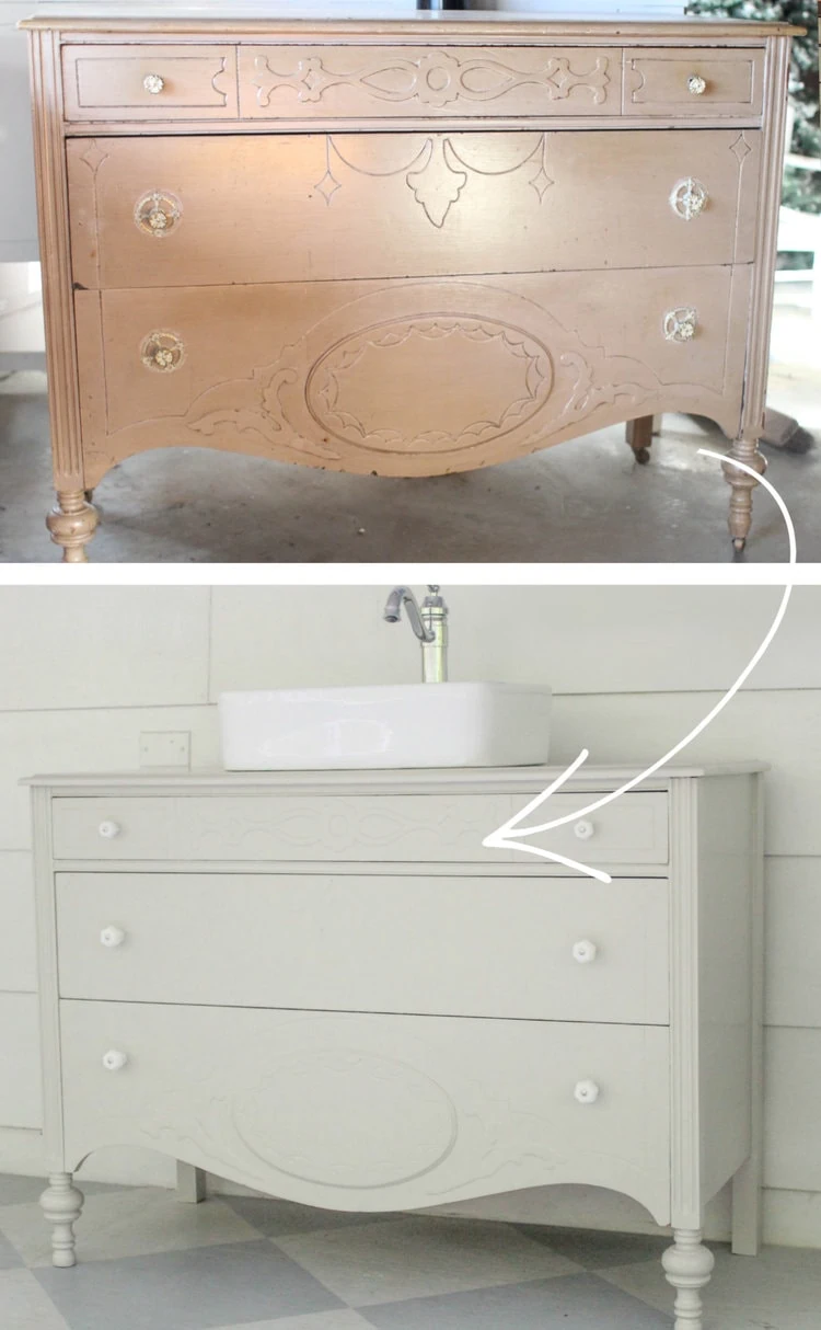 old dresser with chipping yellow paint before and the same dresser after being painted gray.
