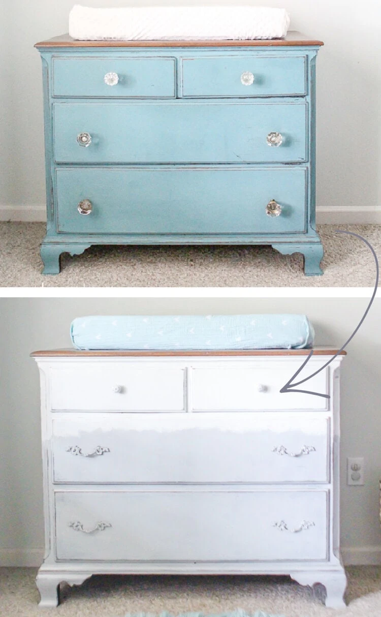 blue dresser with vintage glass doorknobs and the same dresser after being repainted white and gray with new hardware.