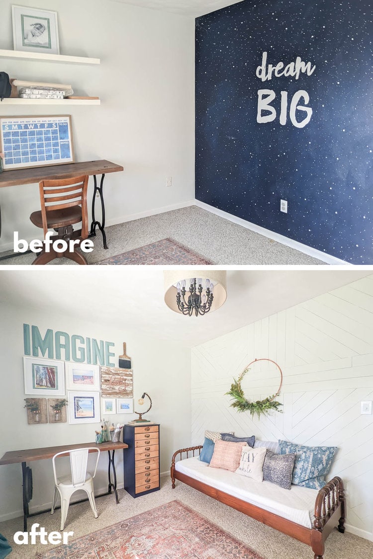 before and after of daybed and desk walls of office makeover.