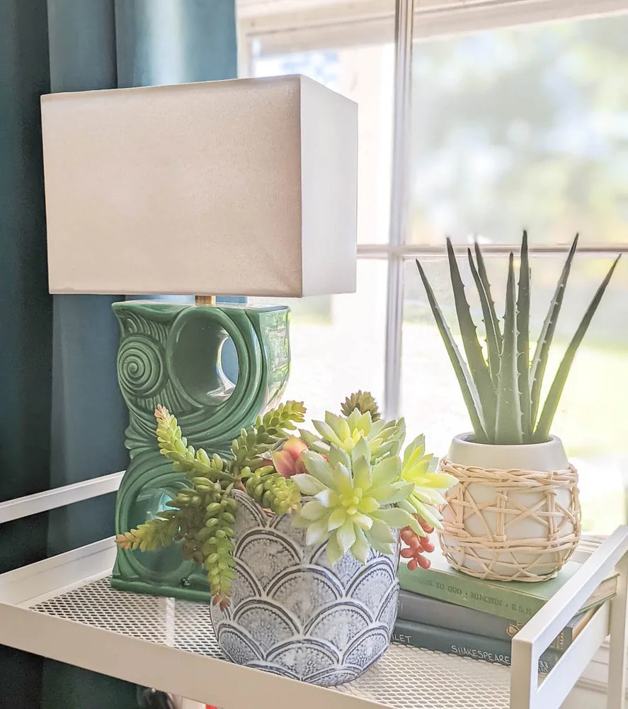 art deco lamp, succulents, and aloe plant on top of utility cart.