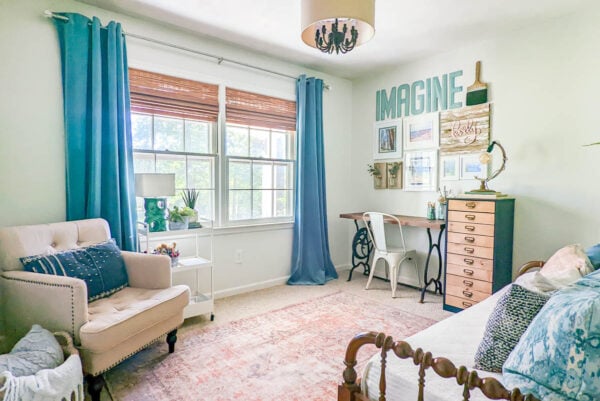 Cozy Home Office Makeover full of Vintage Finds and Inexpensive DIYs