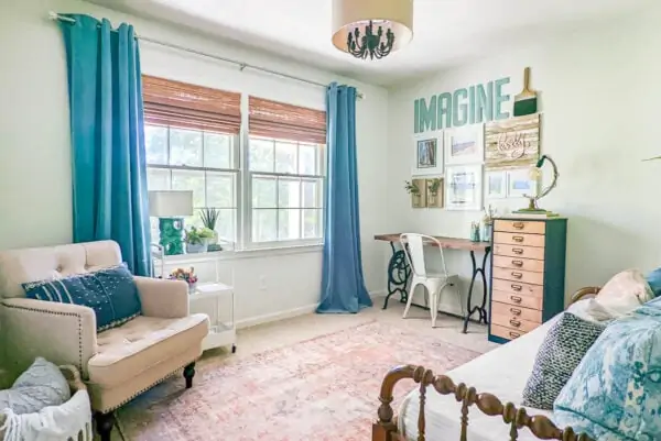 Cozy Home Office Makeover full of Vintage Finds and Inexpensive DIYs