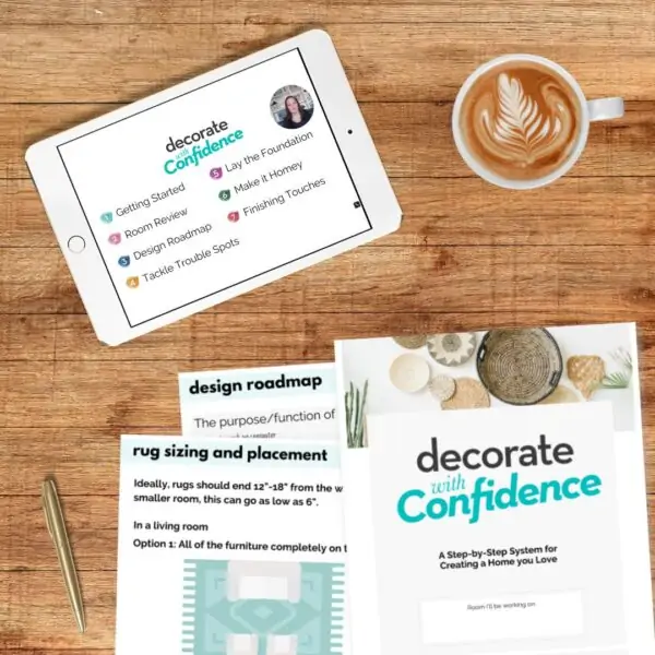 ipad with decorate with confidence table of contents on it, several pages from workbook, pen, cup of coffee