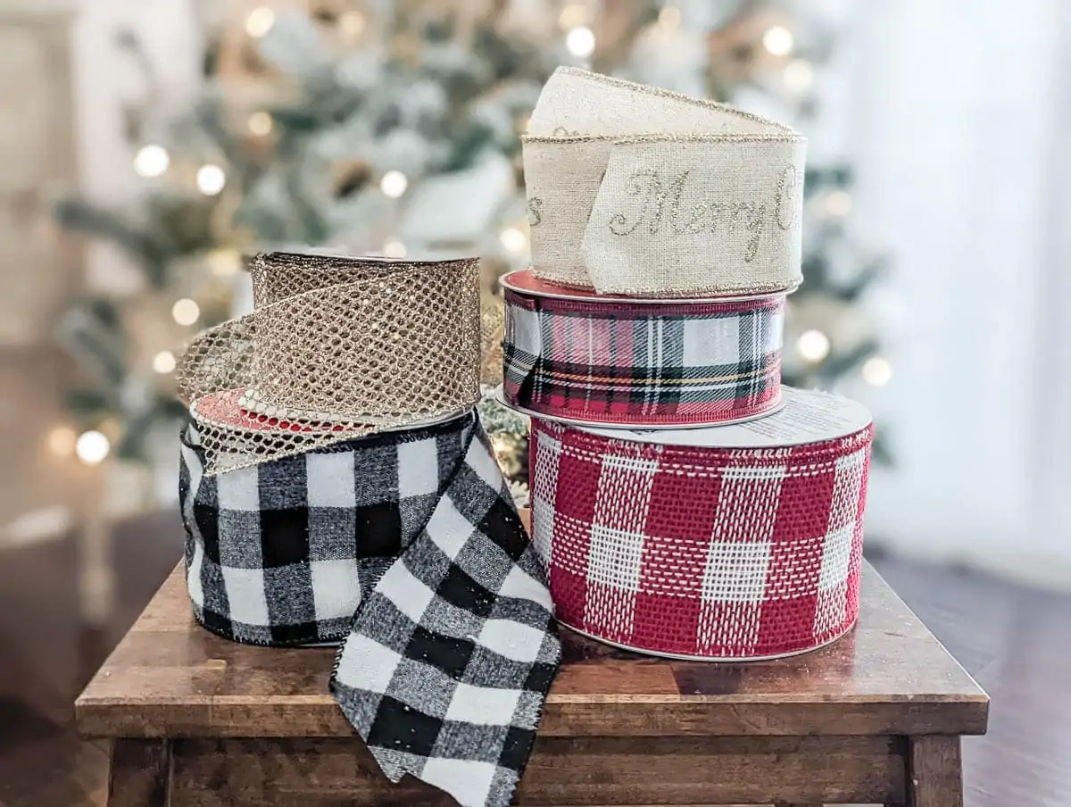 various rolls of Christmas tree ribbon.