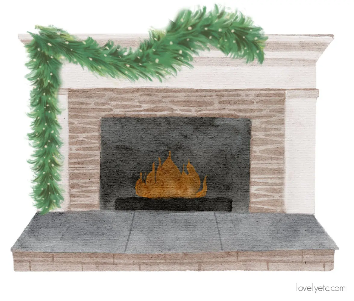 drawing of garland draped asymmetrically over fireplace.