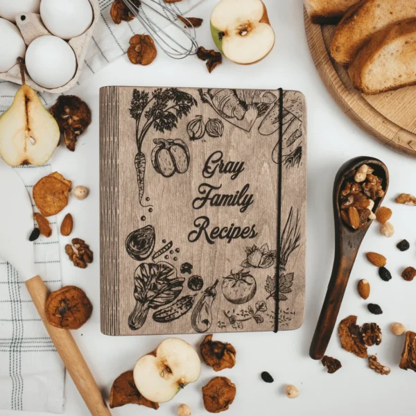 family cookbook with wooden cover.