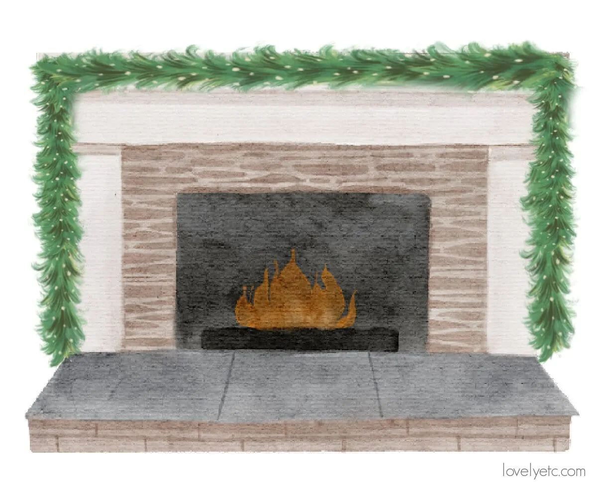 drawing of fireplace with garland draped across and hanging off both ends to the floor.