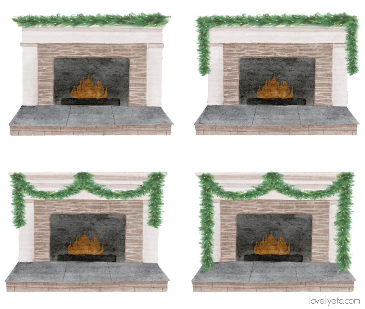 graphic showing four different styles of garland draped on the same fireplace.