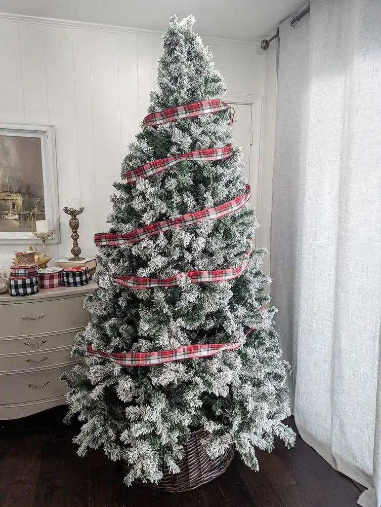 ribbon wrapped around Christmas tree.