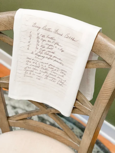 custom tea towel with handwritten recipe printed on it.