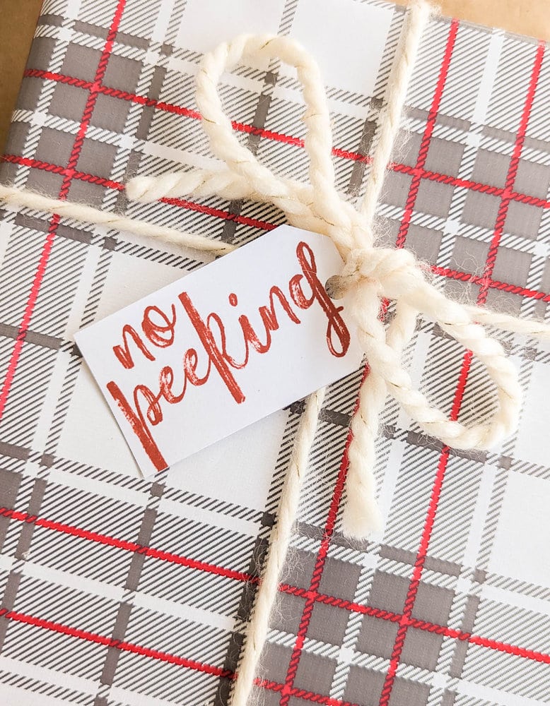present wrapped in plaid wrapping paper, tied with white yarn with gift tag that says no peeking.