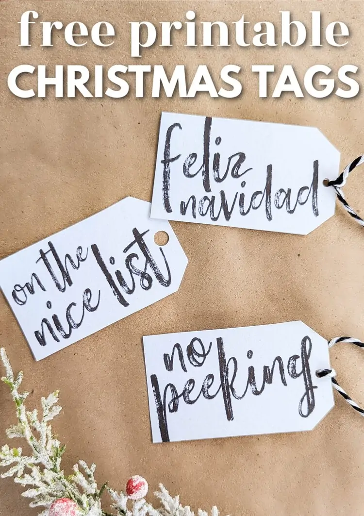 three gift tags that say feliz navidad, on the nice list, and no peeking.