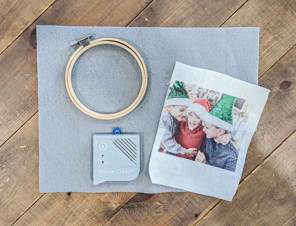 Materials for voice recorder ornament - gray felt, small embroidery hoop, photo printed on fabric, small voice recorder.