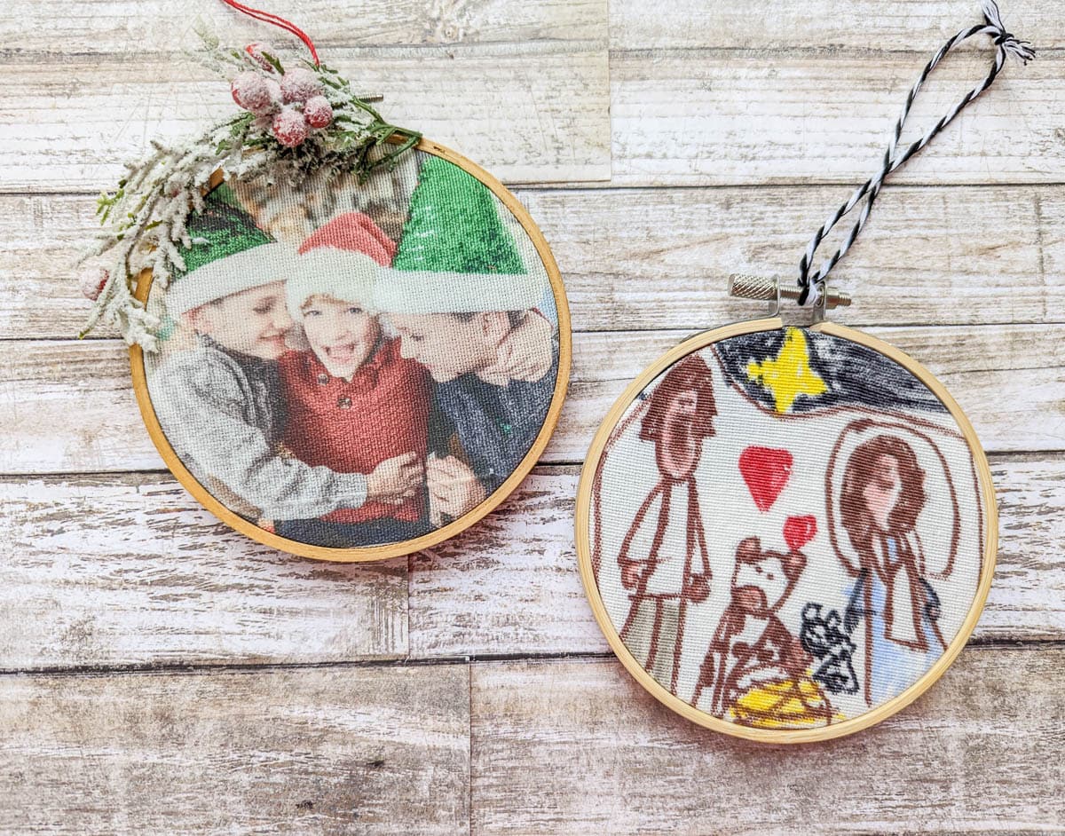 embroidery hoop ornaments. One with a photo of three boys hugging and one with a drawing of the nativity. 