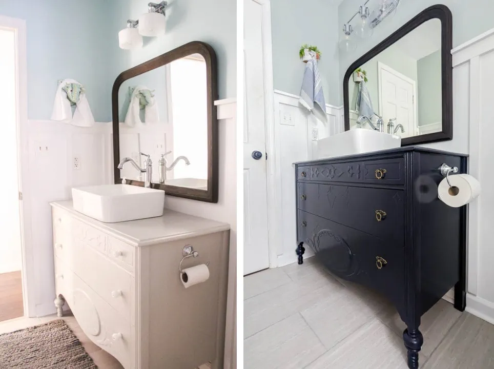 vintage dresser turned into a bathroom vanity with two different color schemes.