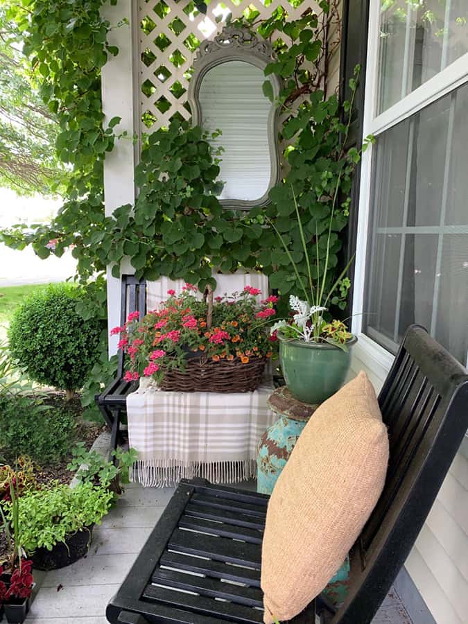 front porch with ivy and old mirror on wall.