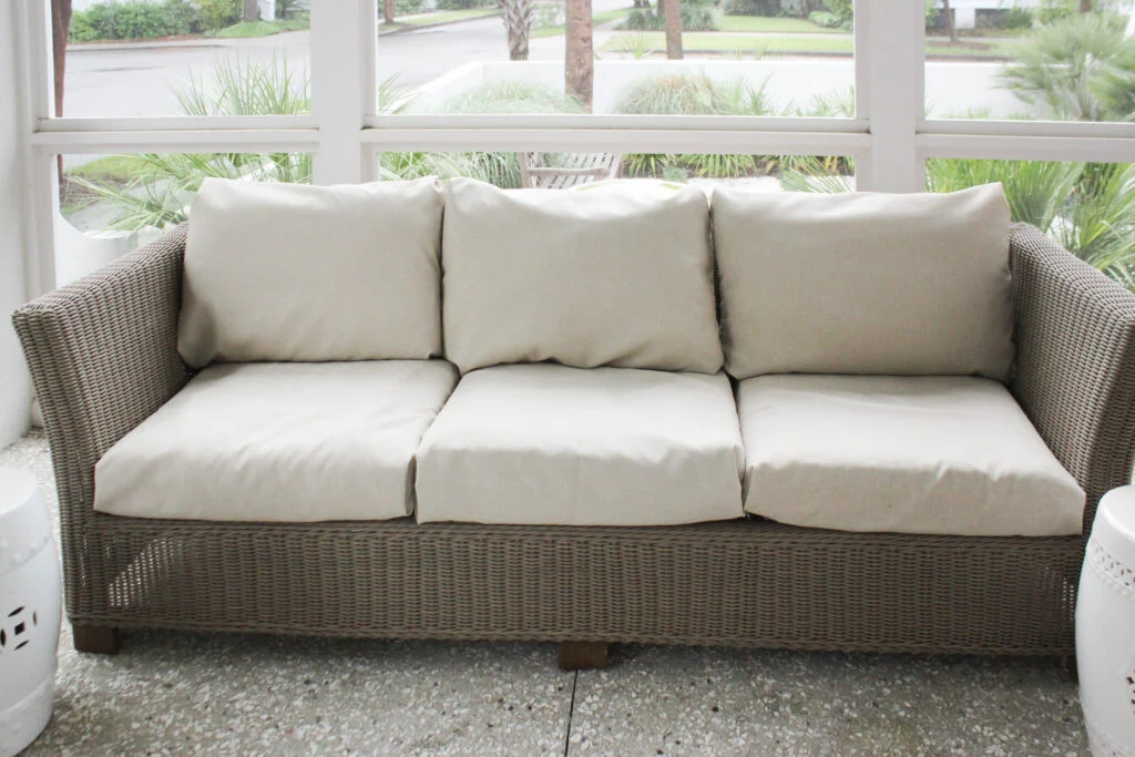 outdoor sofa with homemade cushion covers.