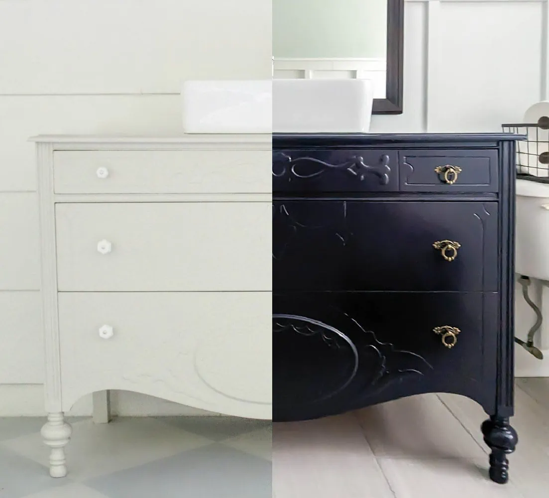 one side shows dresser painted gray with white glass knobs and other half shows the same dresser painted navy with brass knobs.