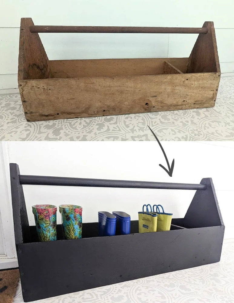 old wooden toolbox before and after being painted with Beyond Paint in licorice.