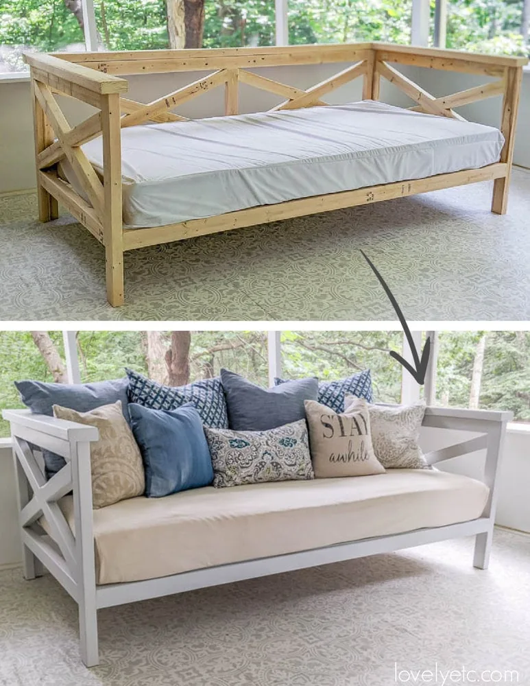 DIY daybed before and after being painted with Valspar exterior paint.