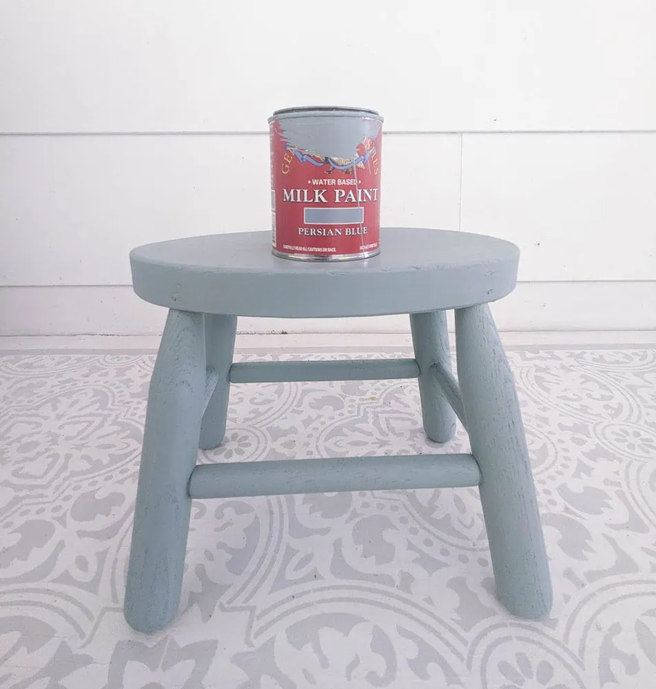 small stool painted with General Finish milk paint in persian blue.