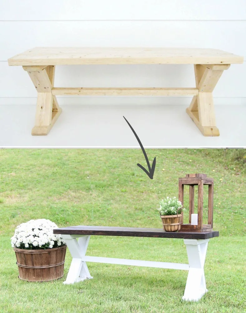 DIY wood bench before and after painting with Valspar exterior paint.