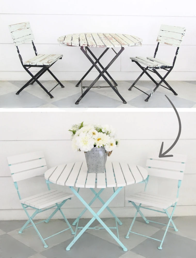 small outdoor table and chairs before and after paint with Krylon Colormaxx spray paint.